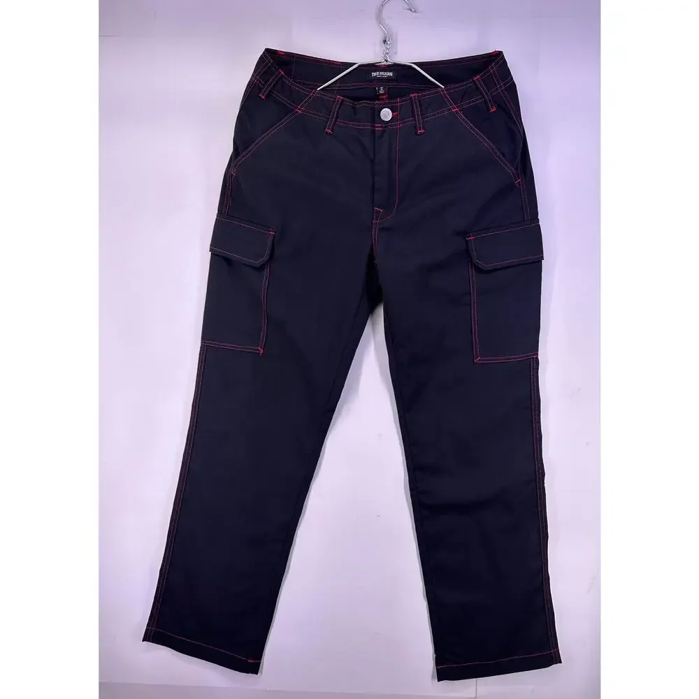 True Religion Jet Black Cargo Jeans Red Accents Size 32